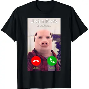Casual Graphic T-Shirt for Men with "John Pork Is Calling" Print, Breathable Short-Sleeve Round Neck Top for Everyday Wear, Shortsleeve, Tshirt